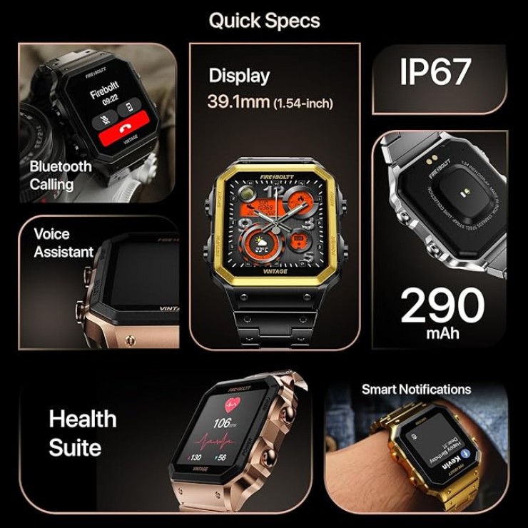 Fire-Boltt Retro 39.1mm (1.54) Display, Bluetooth call, Voice Assistance, Steel Straps Smartwatch